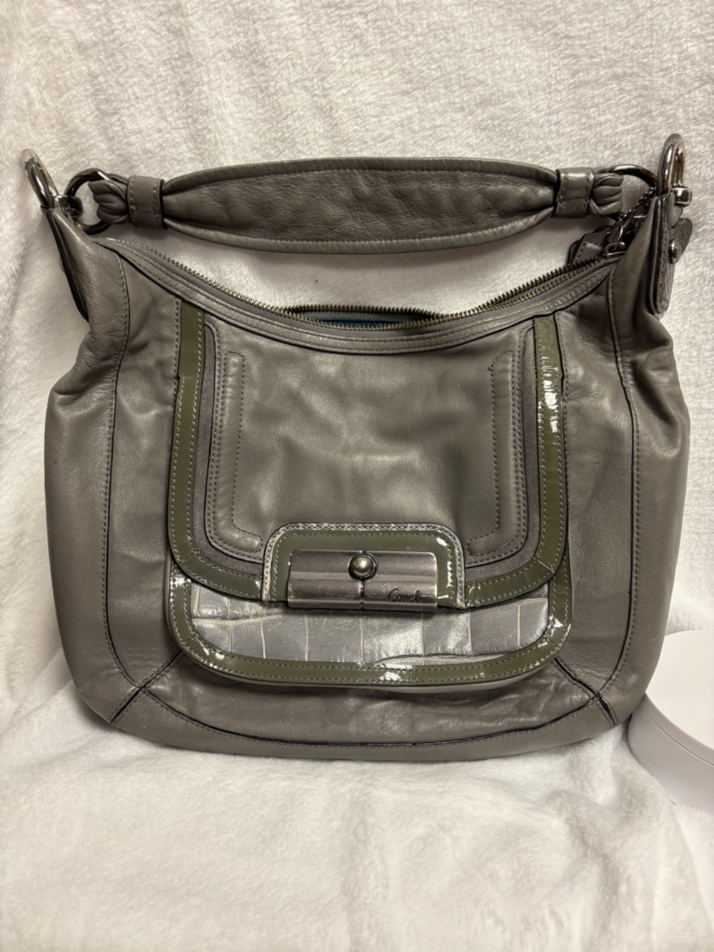 Coach Kristin Spectator Gray Leather Croc Embossed Trim Hobo Shoulder Bag EUC
